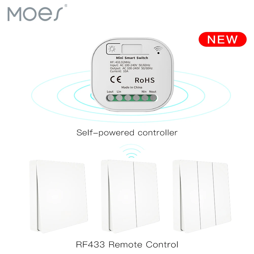 

Moes RF433 Wireless Switch No Battery Remote Control Wall Light Switch Self Powered No Wiring Needed Wall Panel Transmitter