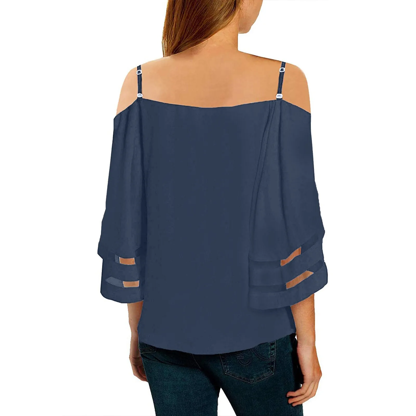

Women's V Neck Mesh Panel Blouse 3/4 Bell Sleeve Dew Shoulder Casual Tops Shirt Blusas Mujer De Moda Summer Femme 2021