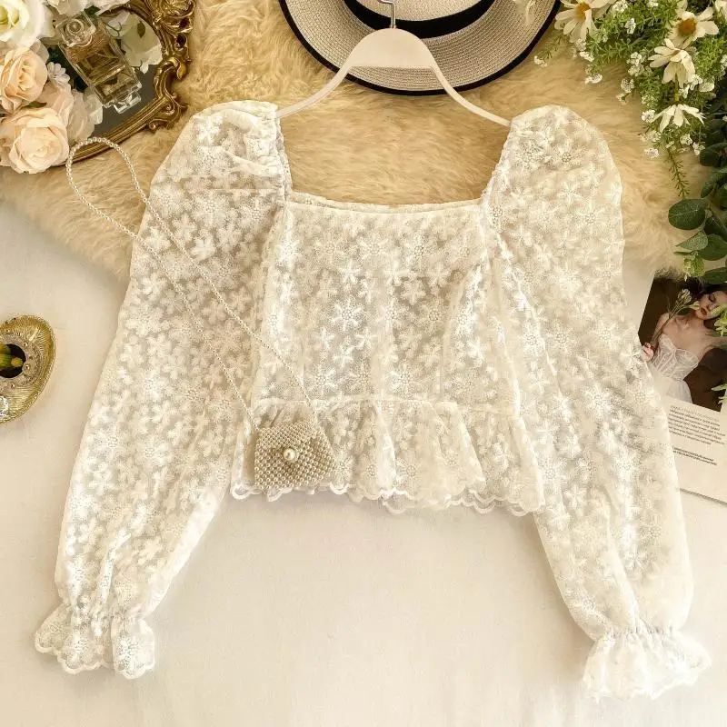 2019 Новая мода Женская одежда кружева слойка рукава женские топы и блузки |