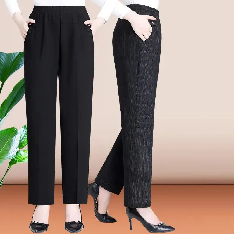 

2021 Autumn Winter Middle Aged Women Casual Pants Grandma Mother Elastic Waist Trouser Thick Fleece Warm Pants with Pockets Y596