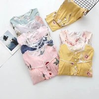 autumn casual printed cotton home wear womens three quarter sleeves pajamas with breast pads no bra and cup cardigan pajamas