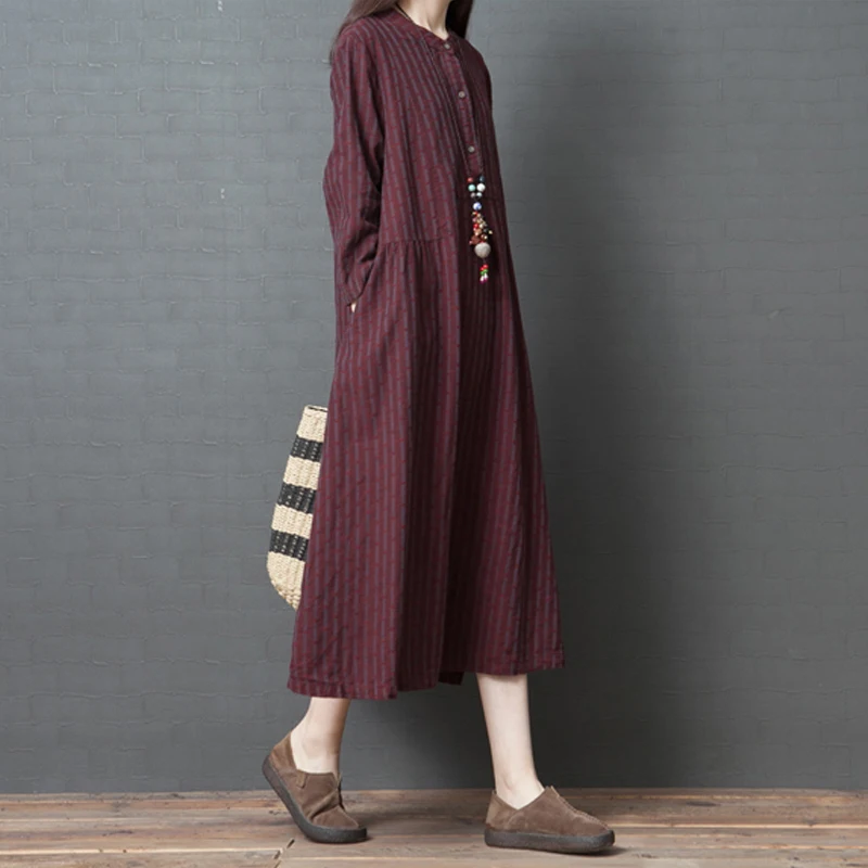 Женское платье в полоску с круглым вырезом и длинным рукавом | Женская одежда