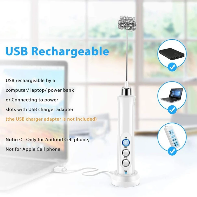 

Milk Frother Handheld, USB Rechargeable 3 Speeds Mini Electric Milk Foam Maker Blender Mixer for Coffee, Latte, (White)