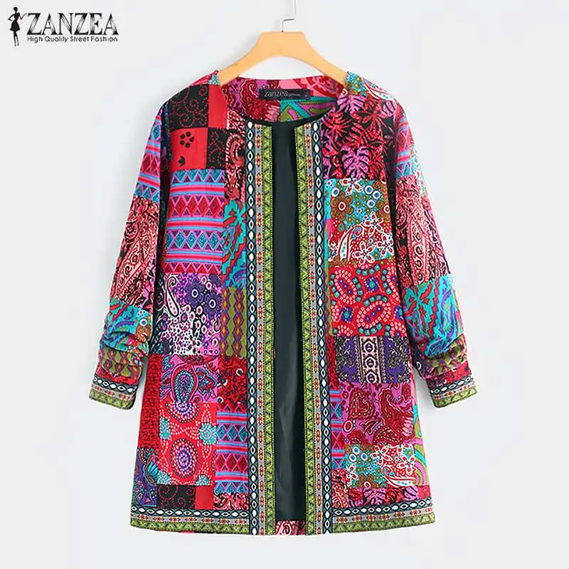 ZANZEA, этнический кардиган с принтом, тонкое пальто, длинный рукав, Blusas, женские куртки,, повседневное, с круглым вырезом, с открытым швом, пальто размера плюс