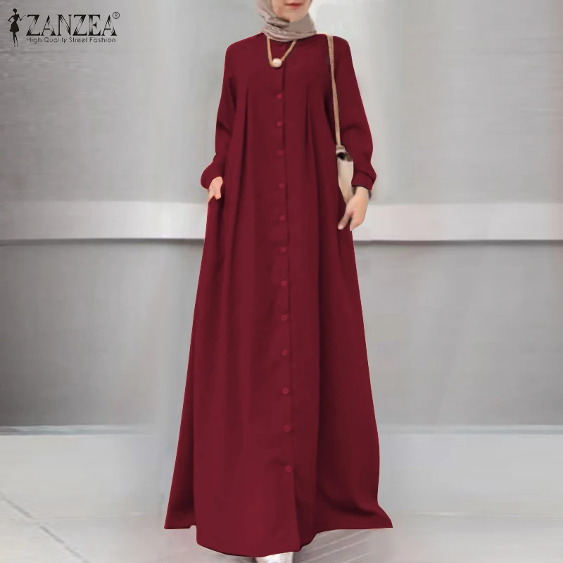 Осеннее длинное платье макси, женский сарафан на пуговицах с длинным рукавом, повседневное мусульманское платье ZANZEA винтажный хиджаб, мусу...