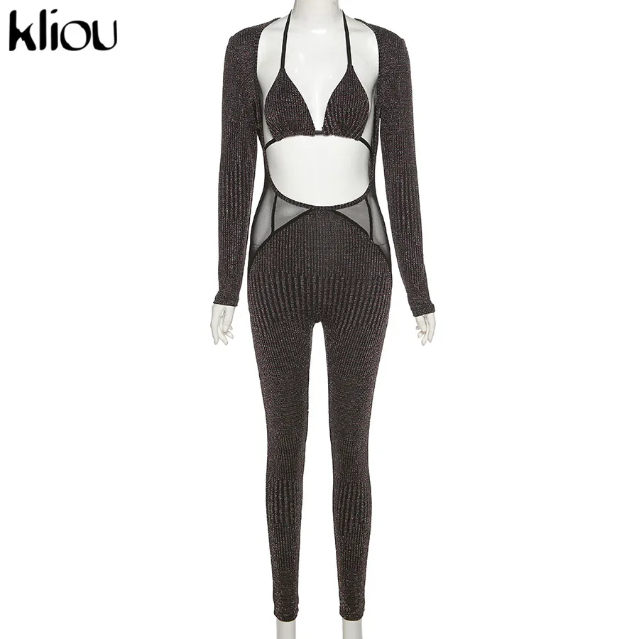 

Kliou Mesh Shinny Patchwork Jumpsuits with Lace Up Halter Bikini Women Sexy Hollow Out Overalls Club Party Clothes Pantalones