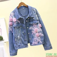 autumn women denim jacket embroidery three dimensional floral jeans jacket beading pearl ripped hole bomber outerwear p778