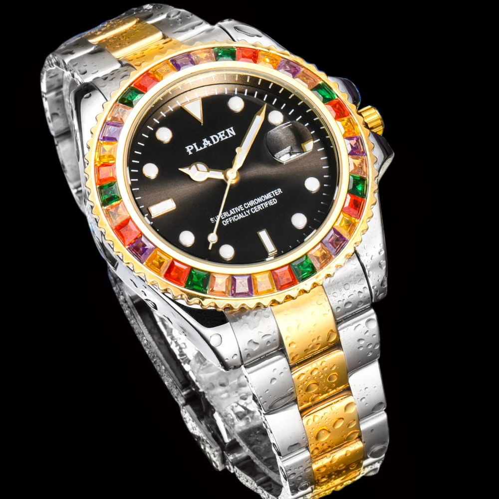 

PLADEN Rainbow Diamond Men's Watches GMT Luminous Luxury Quartz Wristwatch Gold And Silver AAA Waterproof Classical Richard