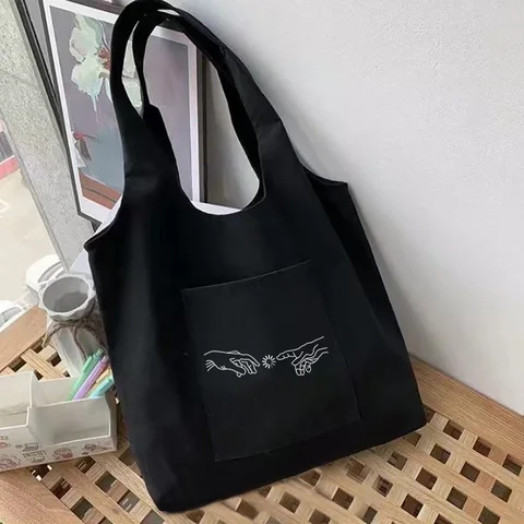 Холщовая женская сумка для покупок, сумочка на плечо с белыми аниме рисунками для продуктовых продуктов, тоут из чистого хлопка