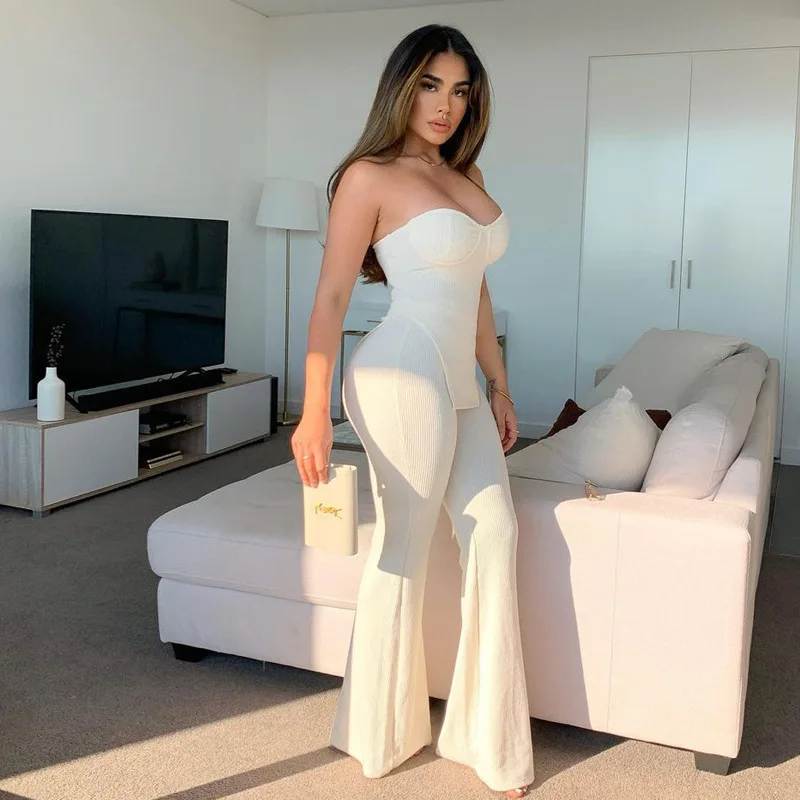 

Knitted 2021 New Sexy Tracksuit Women Two Piece Set Flare Pants and Cropped Tops Outfits Sets Femme White Casual Suit Clubwear