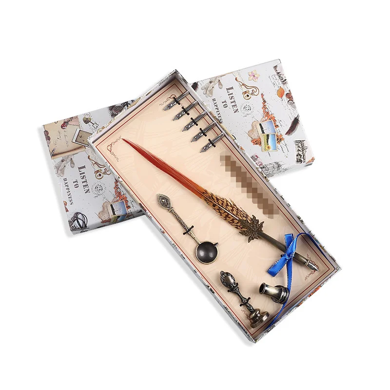 

New Retro Feather Pen Birthday Creative Gift Water Pen Set Metallic Pen Stationery Business Signature Pen School Supplies