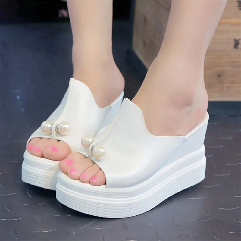 

Women Summer Sandals Thick Heel Platform Wedges Sandals Sexy Beading Slippers Sandalias Slides White Black High Shoes