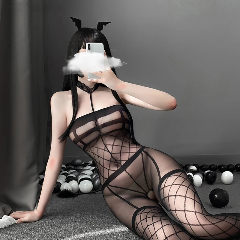 Сексуальные черные сетчатые жаккардовые подвязки с лямкой на шее чулки открытой