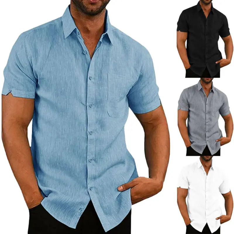 

Мужская повседневная льняная блузка, мешковатые однотонные удобные рубашки из чистого хлопка и льна с коротким рукавом и пуговицами