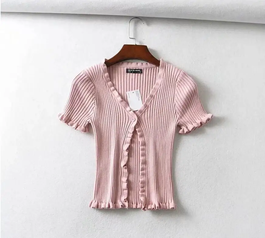 2020 AA древесины уши одной кнопки V образным вырезом с коротким рукавом свитер Для