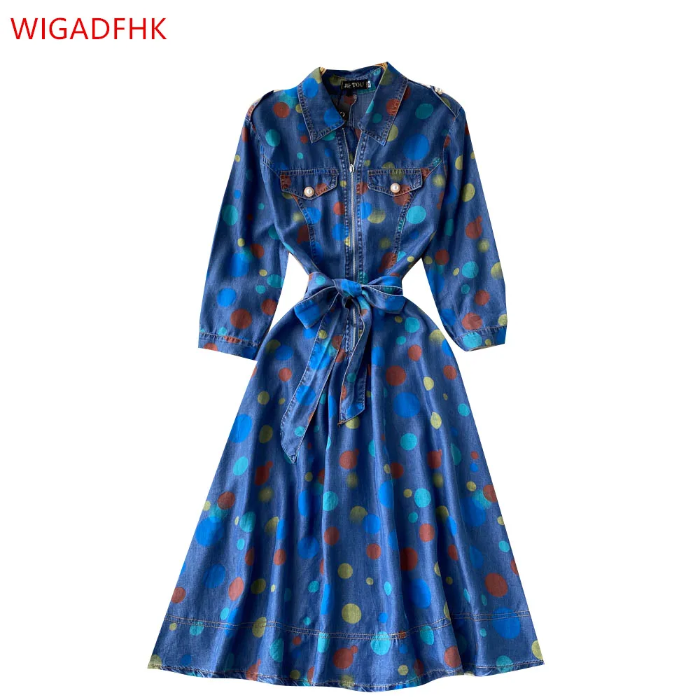 

Retro Polka Dot Print Denim Dress Casual Women's Fashion Elegant Lace-up Waist Lapel Zipper A-line Skirt Office Mid-length Dress