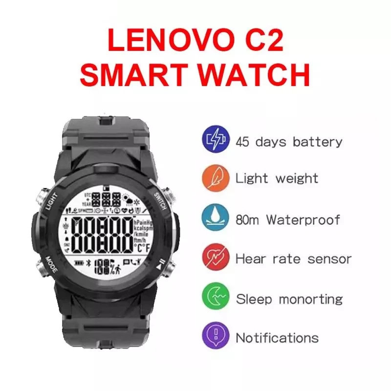 

Lenovo C2 Smart Watch Fitness Tracker Heart Rate Monitor Waterproof Bluetooth Smart Watch for Android IOS Phone