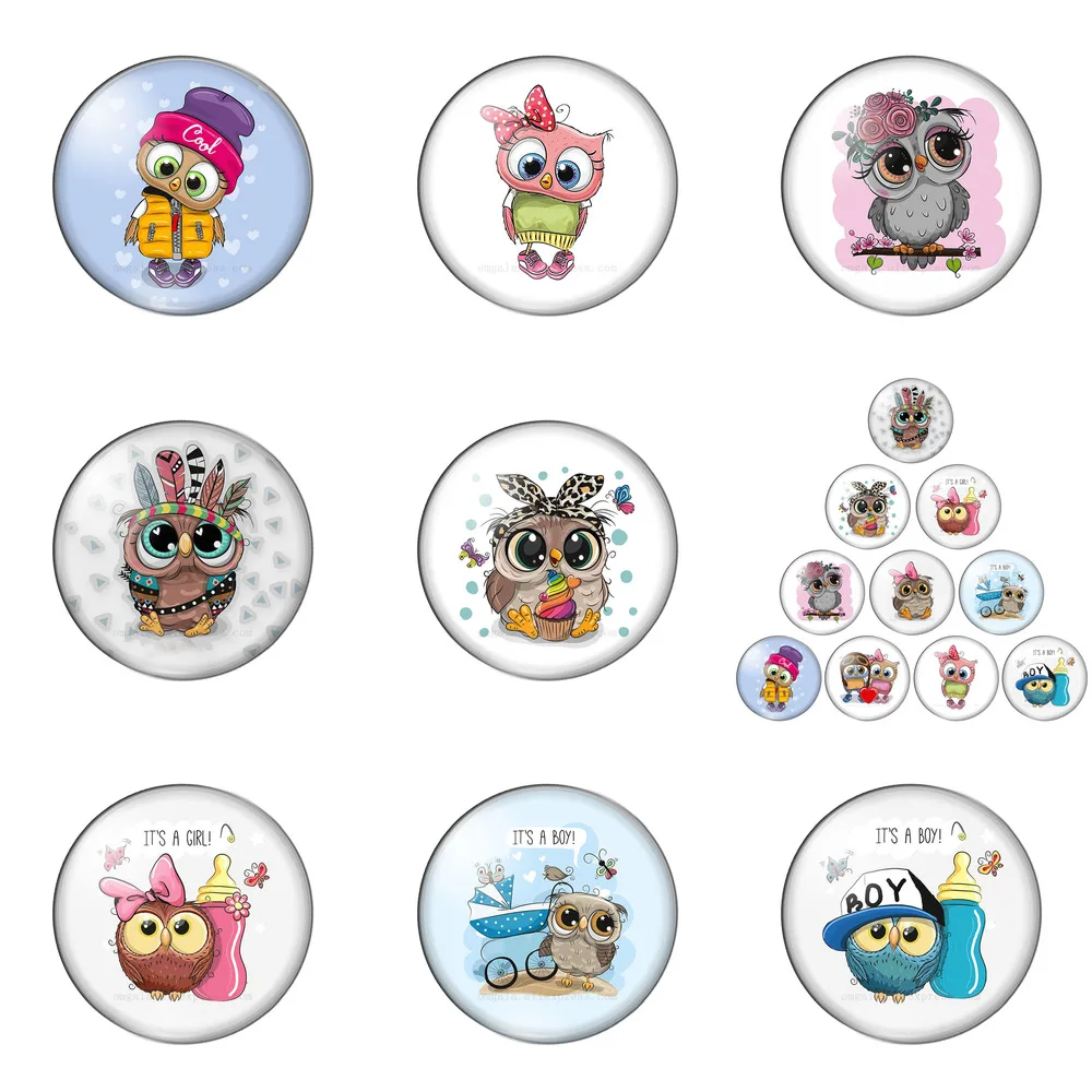 

Cartoon Animal Lovely Owl Paintings 10mm/12mm/16mm/18mm/25mm Round Photo Glass Cabochon Demo Flat Back Making Findings 10pcs/lot
