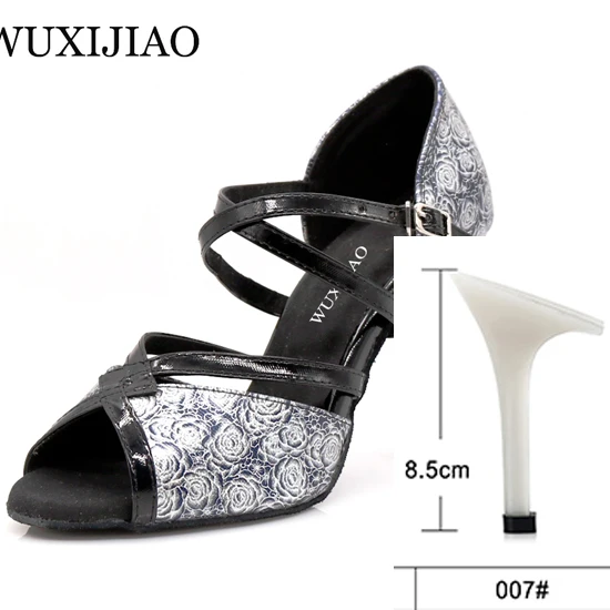 black heel 8.5cm WUXIJIAO розовый узор PU материал черные золотые латинские женские туфли для танцев сальса танцевальные вечерние со стразами Бальные Танцевальные Туфли 9 см - Цвет: black heel 8.5cm