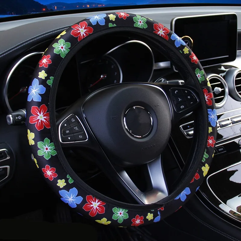 

38cm Car Steering Wheel Cover Flowers Print Anti-slip Universal Auto Steering Wheel Protector Interior Accessories