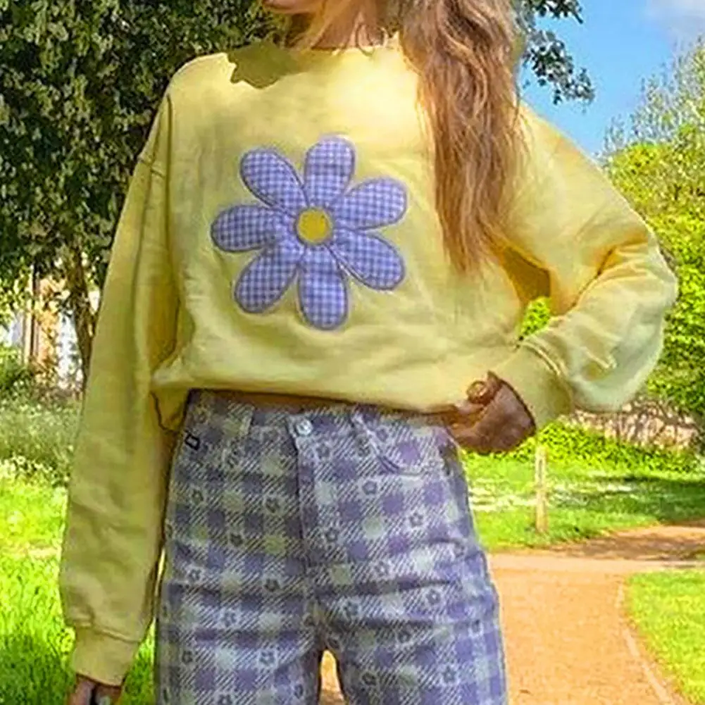 

2021 Y2K женские свитшоты, повседневные милые свободные пуловеры с цветочным принтом, свободные женские свитшоты с вышивкой в виде цветов