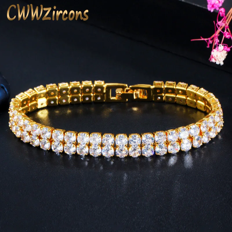 CWWZircons ледяной Bling желтое золото 2 ряда Круглый фианит Теннисный браслет для