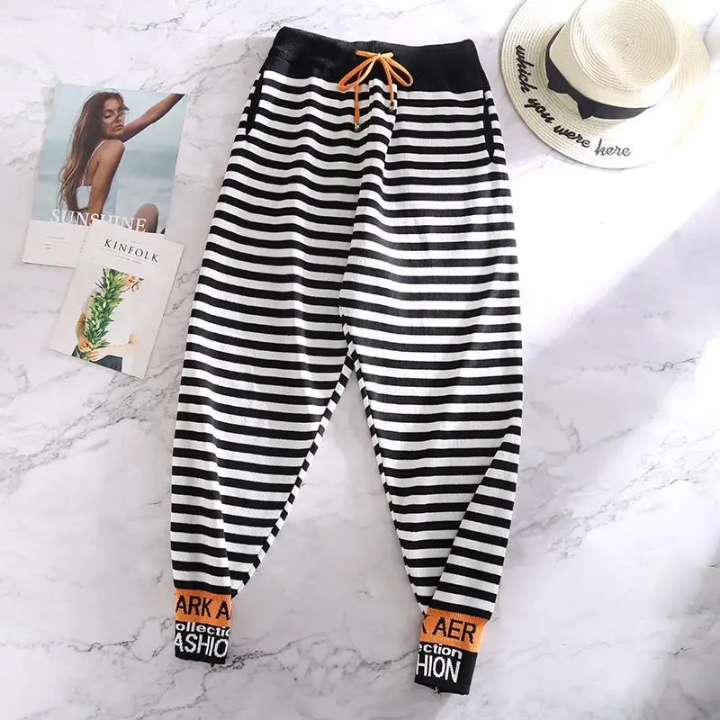 

2020 spring new leisure Harem Pants women's loose large size show thin trend versatile striped knitting pants women's Leggings