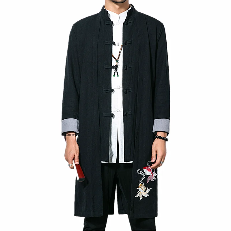 Осенняя мужская длинная куртка из хлопка и льна повседневная в китайском стиле
