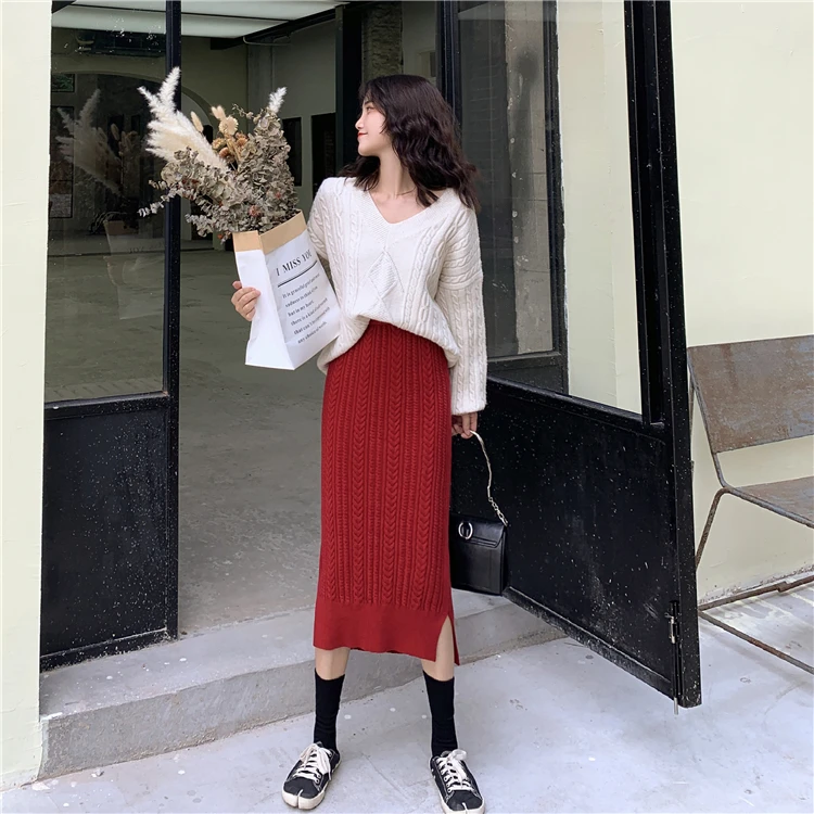 Colorfaith Новинка осенне-зимние женские теплые трикотажные юбки сплит женские тонкие бедра, высокая талия Повседневная мода миди SK4322