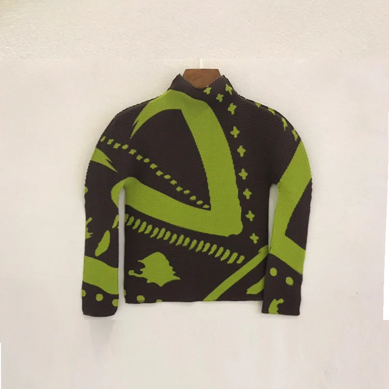 

TVVOVVIN Pleated Top Women's Long Sleeve High Collar 2021 New Spring Niche Design Print Casual Elasticity T-shirt 3RRN