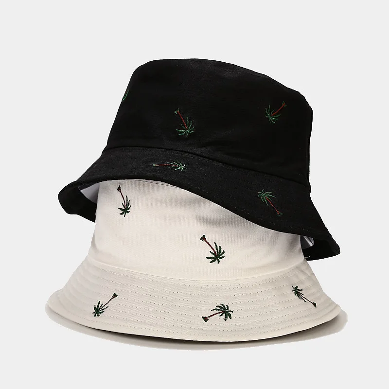 

2021 New Unisex Panama Fashion Summer Reversible Coconut Tree Printed Fisherman Caps Bucket Hats Gorro Pescador Men Women Travel