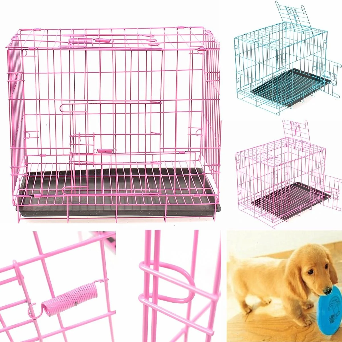 

50x35x43cm Pet Kennel Cat Dog Folding Crate Playpen Wire Metal Cage Puppy House Tray Pink Blue