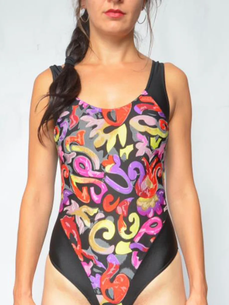 

Abstract Print Body Suits One Piece Swimsuit Black Bathing Suit Vintage 90s Medium Bodysuit High Cut Women Fashion Monokini 2021