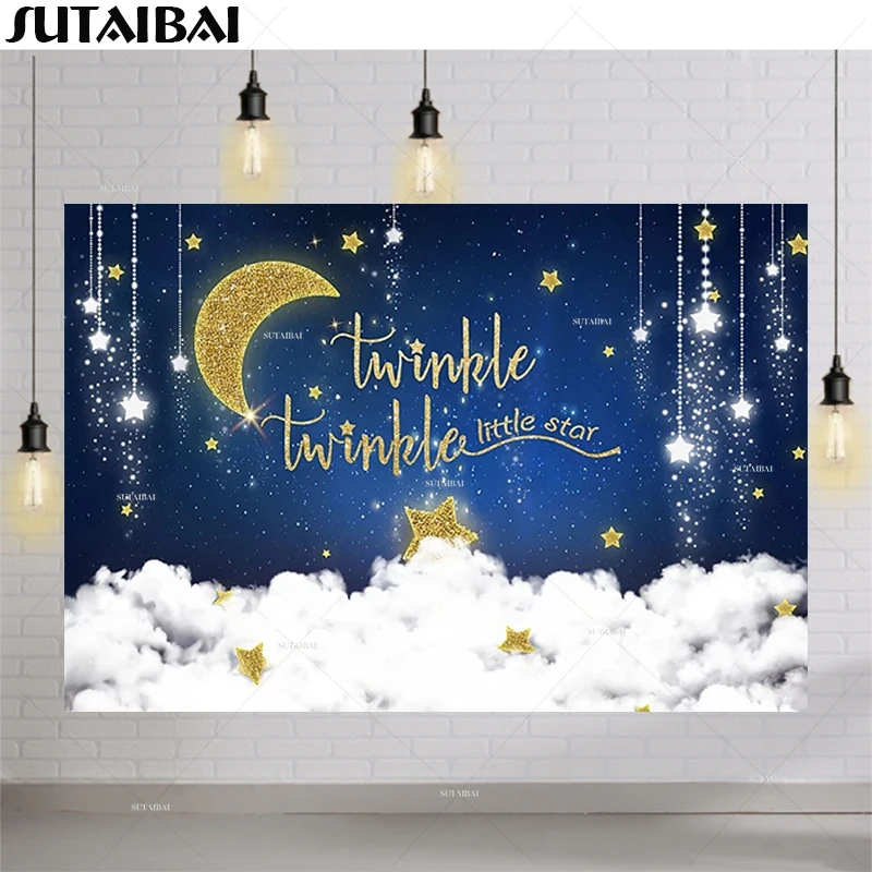 

Twinkle Twinkle Little Star Photography Background Sky Stars Moon Clouds Decoration Props Baby Shower Photo Backdrop Banner