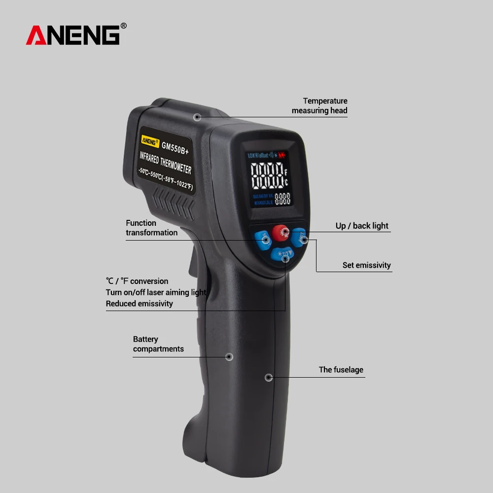 ANENG GM550B+ цифровой инфракрасный термометр, гигрометр, метеостанция, измеритель температуры, измеритель влажности, лазерный термометр