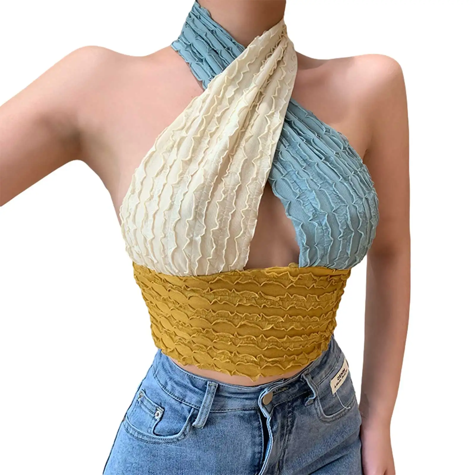 

Casual Women\u2019s Fashion Contrast Color Vest Summer Sexy Halter Hollow Exposed Navel Slim Fit Camisole