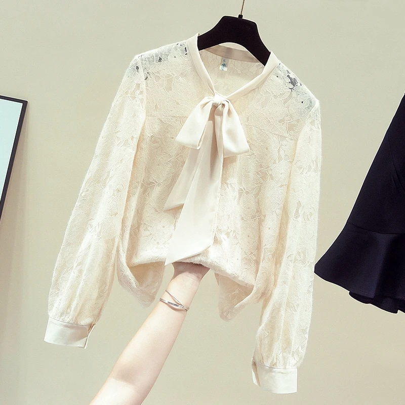 

Long Sleeve Apricot Bow V-Neck Lace Blouse Shirt Tops Blusa Blouse Women Blusas Mujer De Moda 2021 Womens Tops And Blouses D899