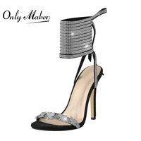 onlymaker womens peep toe black artificial diamond stiletto sandals ankle buckle strap party dress summer lady sandals