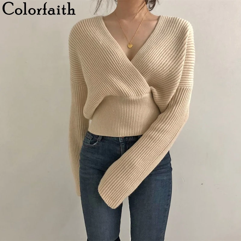 Colorfaith New 2019 Autumn Winter Women Sweaters Knitting V-neck Cross Wild Fashionable Sexy Pullovers Female Lady Tops SW7777 | Женская