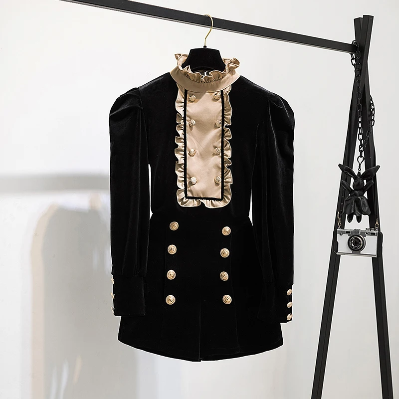

Autumn Winter Fashion Velour Women's Suit Long Sleeve Ruffled Collar Velvet Blouse Tops Shorts Sets Office Lady 2 Piece Outfits