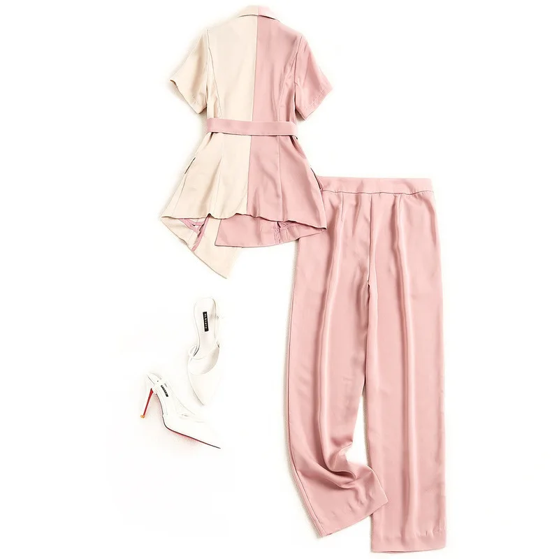 Женский Атласный Костюм с вышивкой комплект 2 шт. 2020 летний двубортный костюм