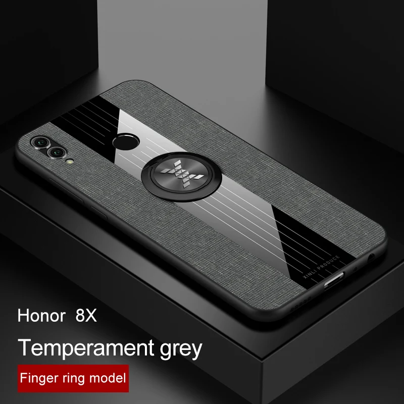 grey case and ring Для huawei honor 8X 7X 6X чехол Роскошный Жесткий тканевый с кольцом магнитный штатив тонкий защитный чехол для huawei honor 8X max honor 7x - Цвет: grey case and ring