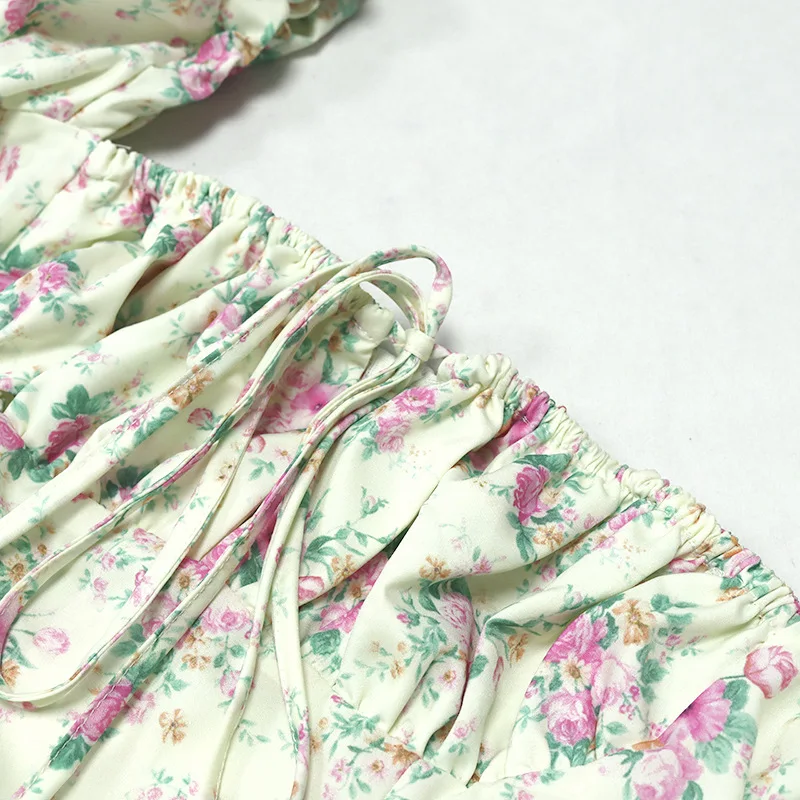 

Lace Floral Print Summer Dress Women Ruched Short Puff Sleeve Split Midi Long Party Dresses Female Sexy Dress 2021