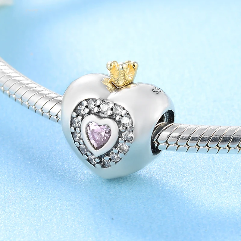 925 Sterling Silver Golden Crown Pink Zircon Heart Shaped DIY Sweet Beads Fit Original European Charm Bracelet Jewelry making | Украшения и