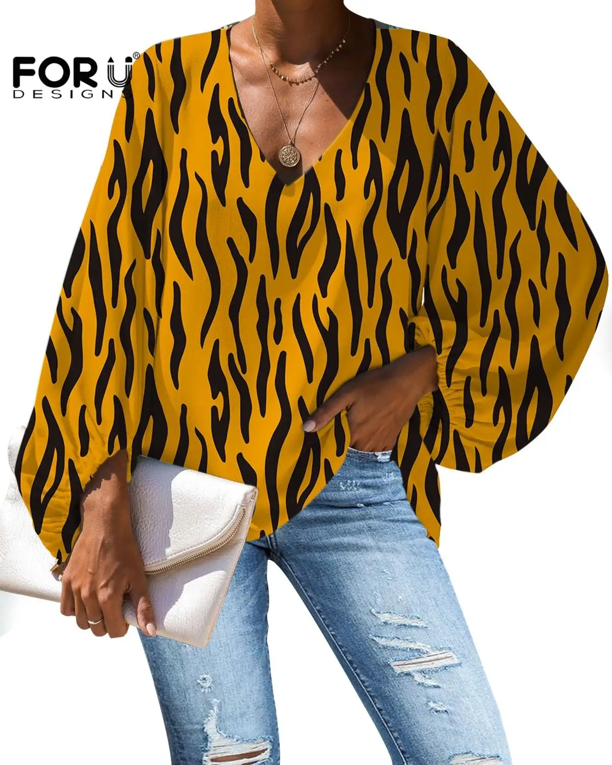 

FORUDESIGNS Casual Chiffon Blouse For Ladies Line Art Design Pattern Long-sleeve Sheer Shirts Simple Vogue Streetwear Match Jean