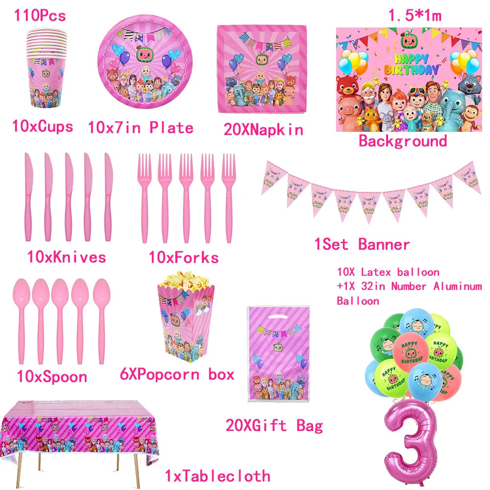 Cocomelon familiar rosa para fiesta de cumplea&ntilde;os de ni&ntilde;as, juego de vajilla desechable, globo, Baby Shower, decoraci&oacute;n de fondo-3