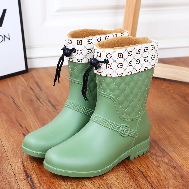 thicken green Женские непромокаемые сапоги из хлопка со съемным средним голенищем для взрослых; модные Нескользящие женские непромокаемые сапоги; непромокаемая обувь - Цвет: thicken green