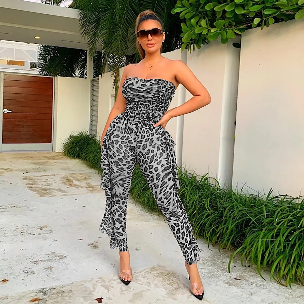 

Women Strapless Leopard Printed Wave Design Bodycon Jumpsuits