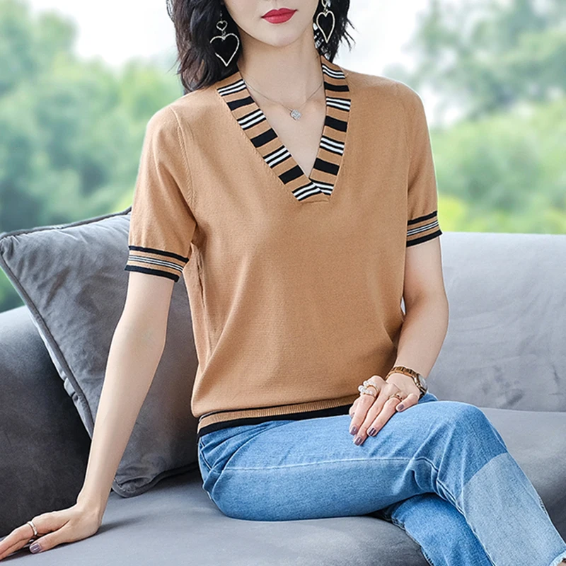 

LJSXLS Summer 2021 Striped V-Neck Women's Sweater Solid Knitted Pullovers Women Clothing Yellow Casual Loose Short Sleeve Tops