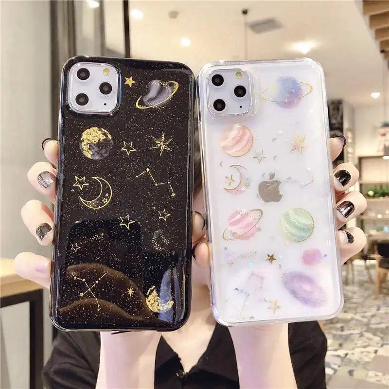 Блестящий Мягкий силиконовый чехол со звездами и планетами для iphone 12 mini 11 Pro Max